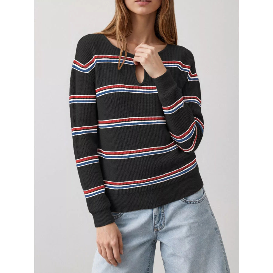 Striped Ribbed Knit Top with Keyhole Neckline Black / S Apparel and Accessories
