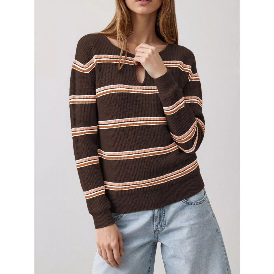 Striped Ribbed Knit Top with Keyhole Neckline Brown / S Apparel and Accessories