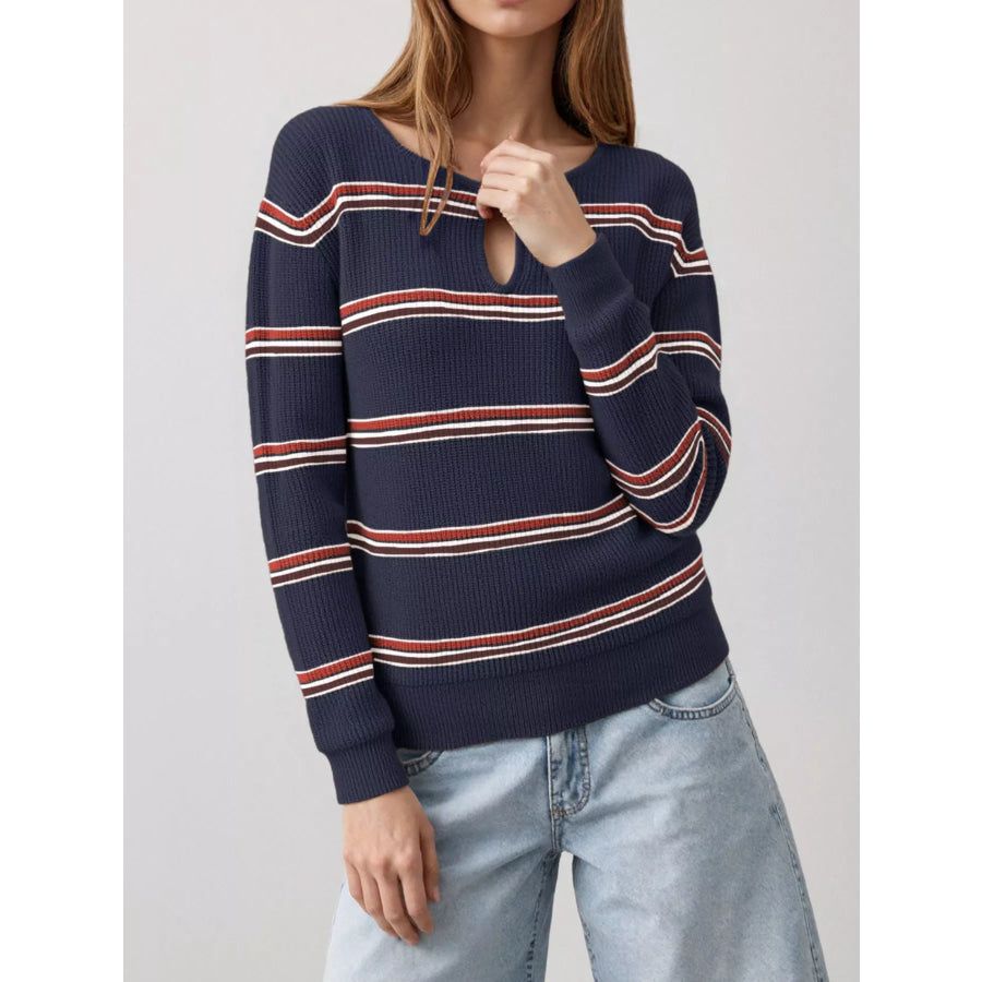 Striped Ribbed Knit Top with Keyhole Neckline Dark Blue / S Apparel and Accessories