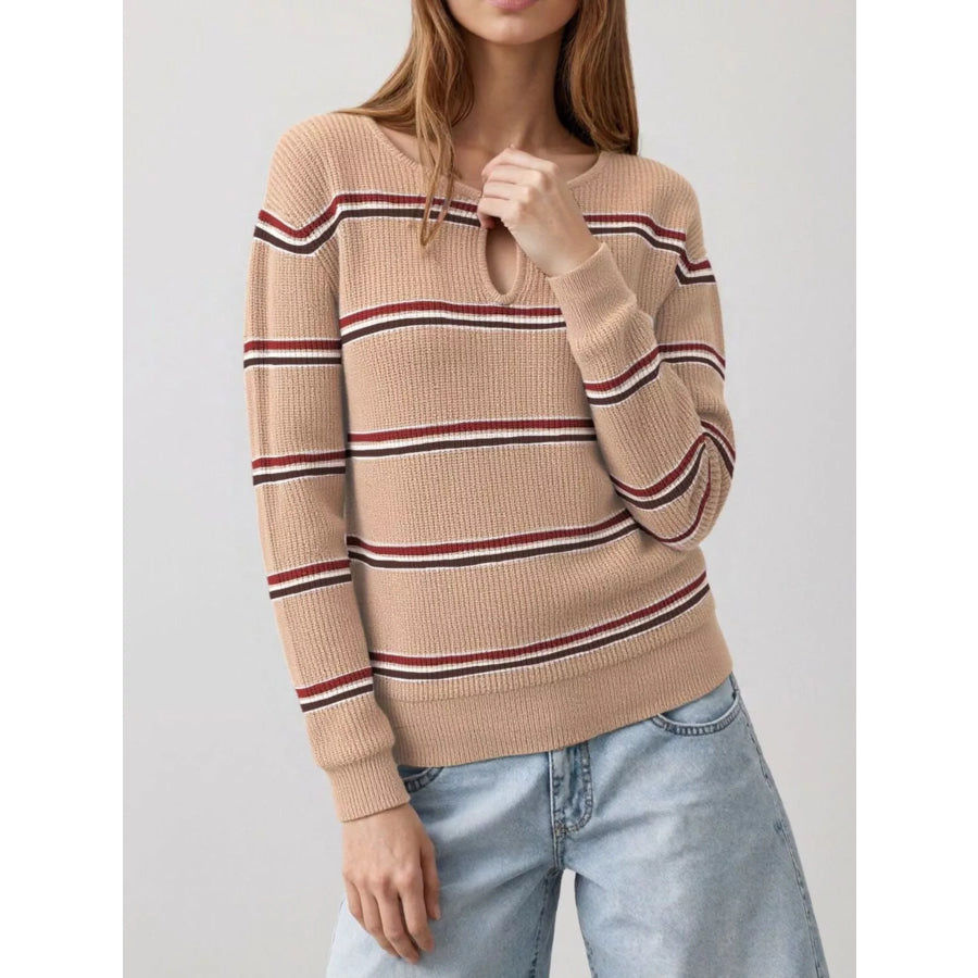 Striped Ribbed Knit Top with Keyhole Neckline Khaki / S Apparel and Accessories