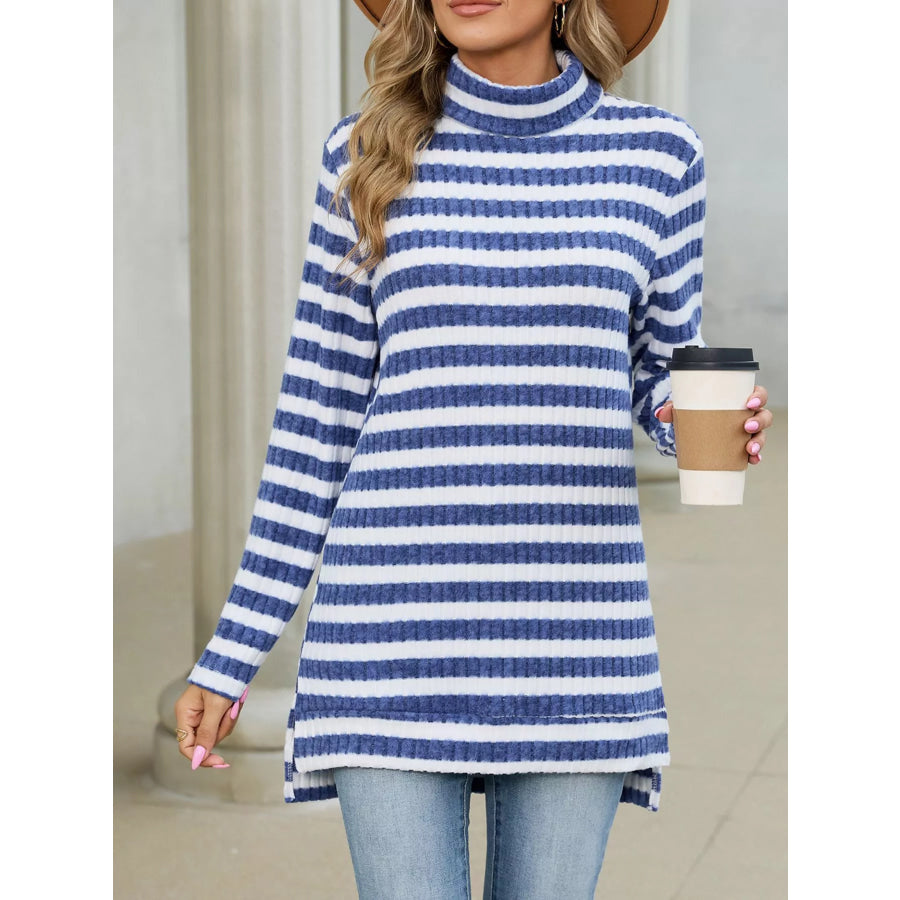 Striped Ribbed Knit Turtleneck Long Sleeve T-Shirt Apparel and Accessories