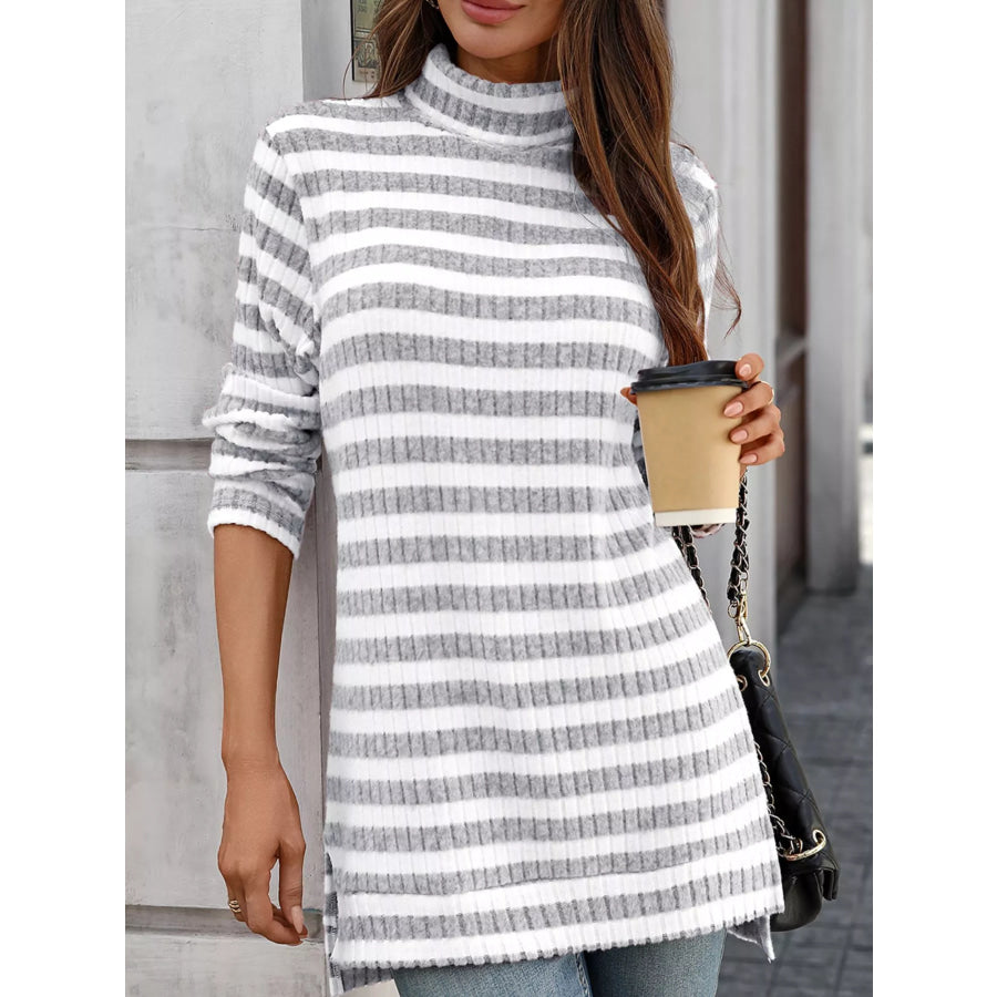 Striped Ribbed Knit Turtleneck Long Sleeve T-Shirt Apparel and Accessories