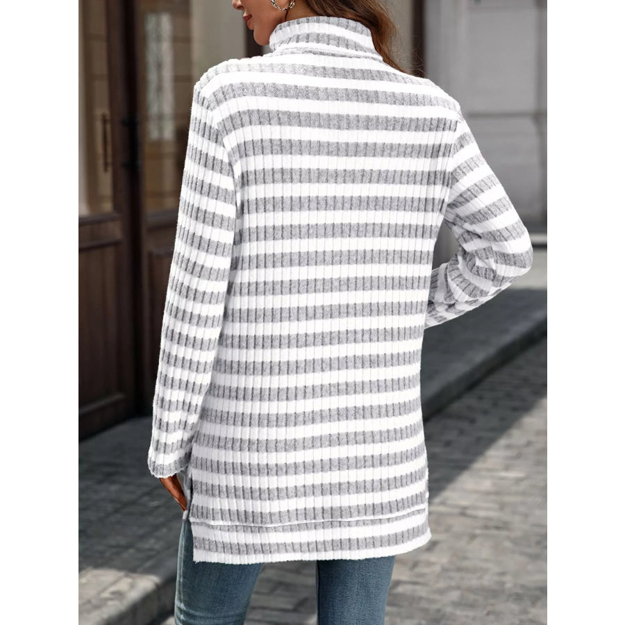 Striped Ribbed Knit Turtleneck Long Sleeve T-Shirt Apparel and Accessories
