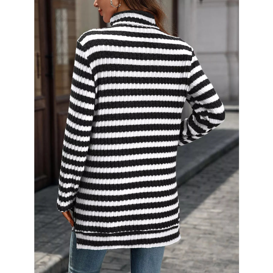 Striped Ribbed Knit Turtleneck Long Sleeve T-Shirt Apparel and Accessories