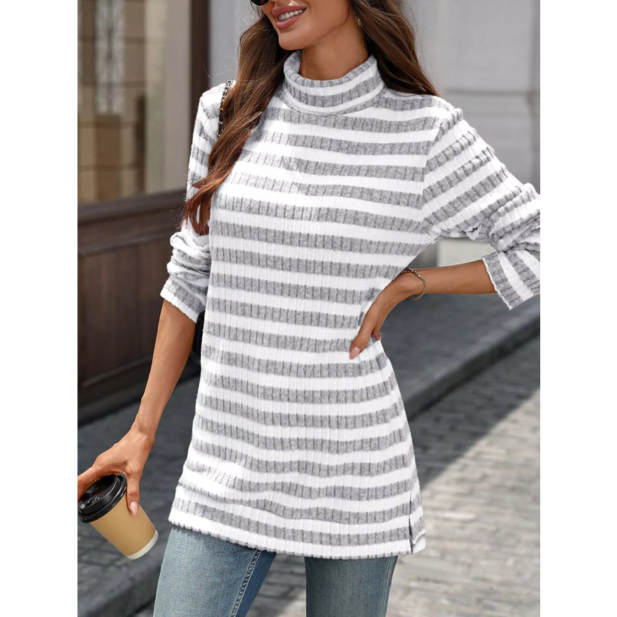 Striped Ribbed Knit Turtleneck Long Sleeve T-Shirt Apparel and Accessories