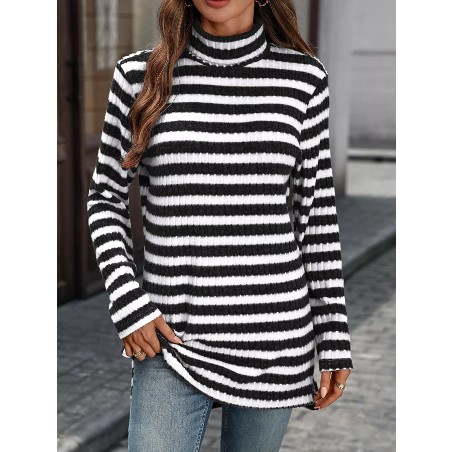 Striped Ribbed Knit Turtleneck Long Sleeve T-Shirt Apparel and Accessories