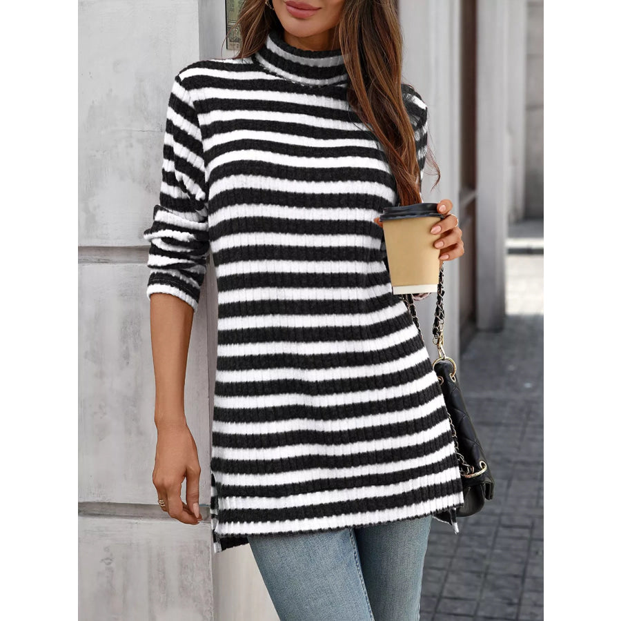 Striped Ribbed Knit Turtleneck Long Sleeve T-Shirt Apparel and Accessories