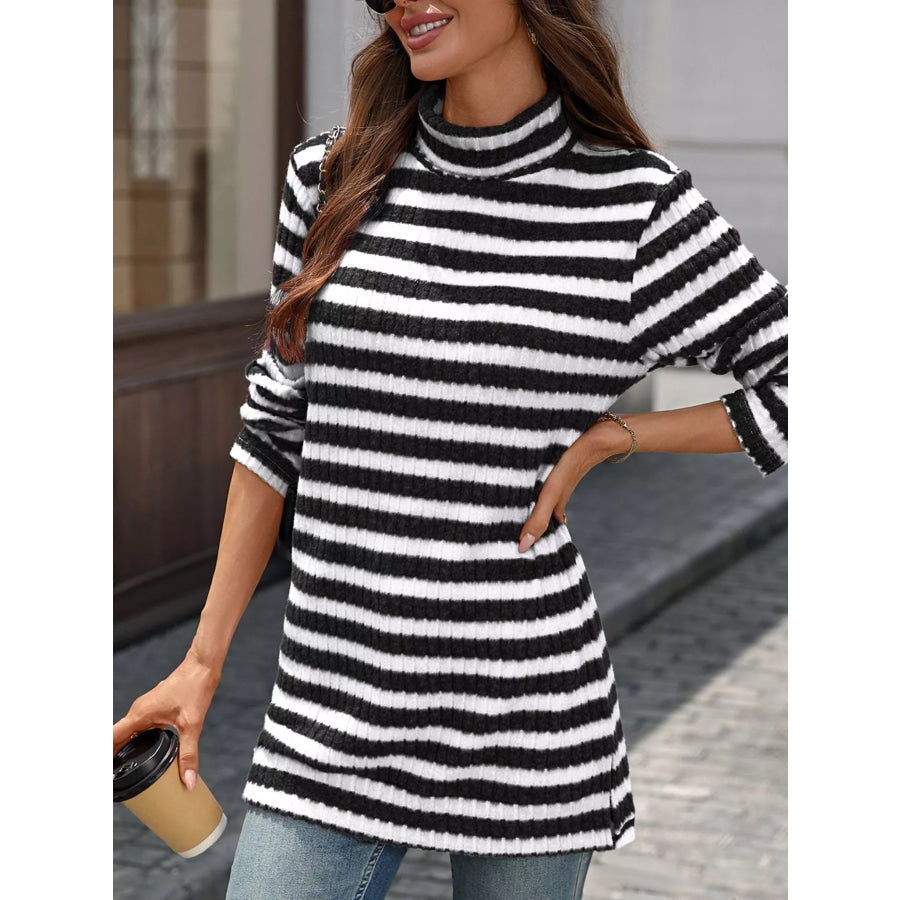 Striped Ribbed Knit Turtleneck Long Sleeve T-Shirt Apparel and Accessories