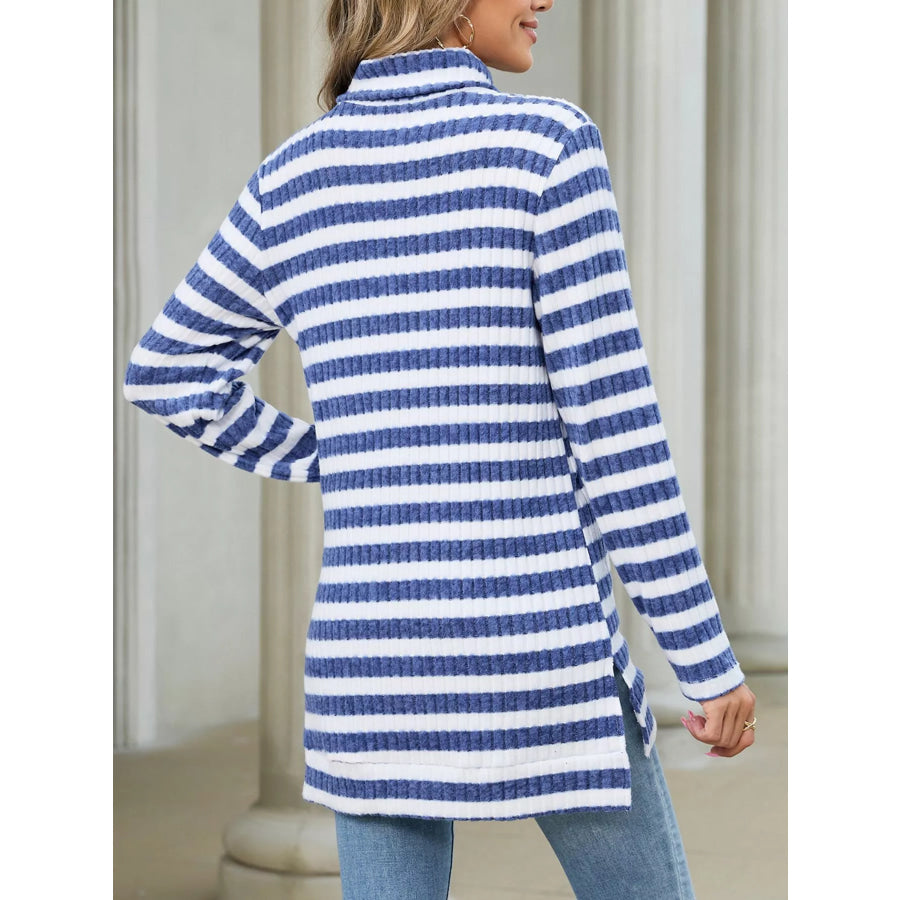 Striped Ribbed Knit Turtleneck Long Sleeve T-Shirt Apparel and Accessories