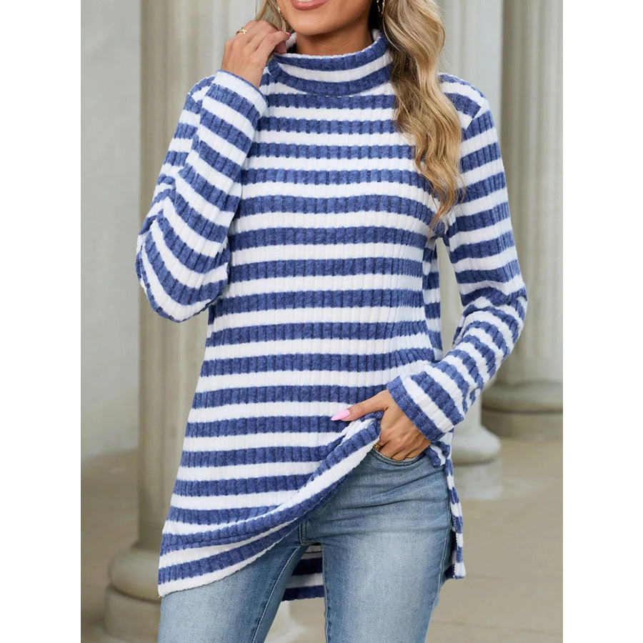 Striped Ribbed Knit Turtleneck Long Sleeve T-Shirt Apparel and Accessories