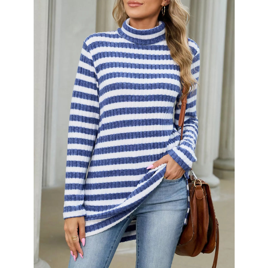 Striped Ribbed Knit Turtleneck Long Sleeve T-Shirt Apparel and Accessories