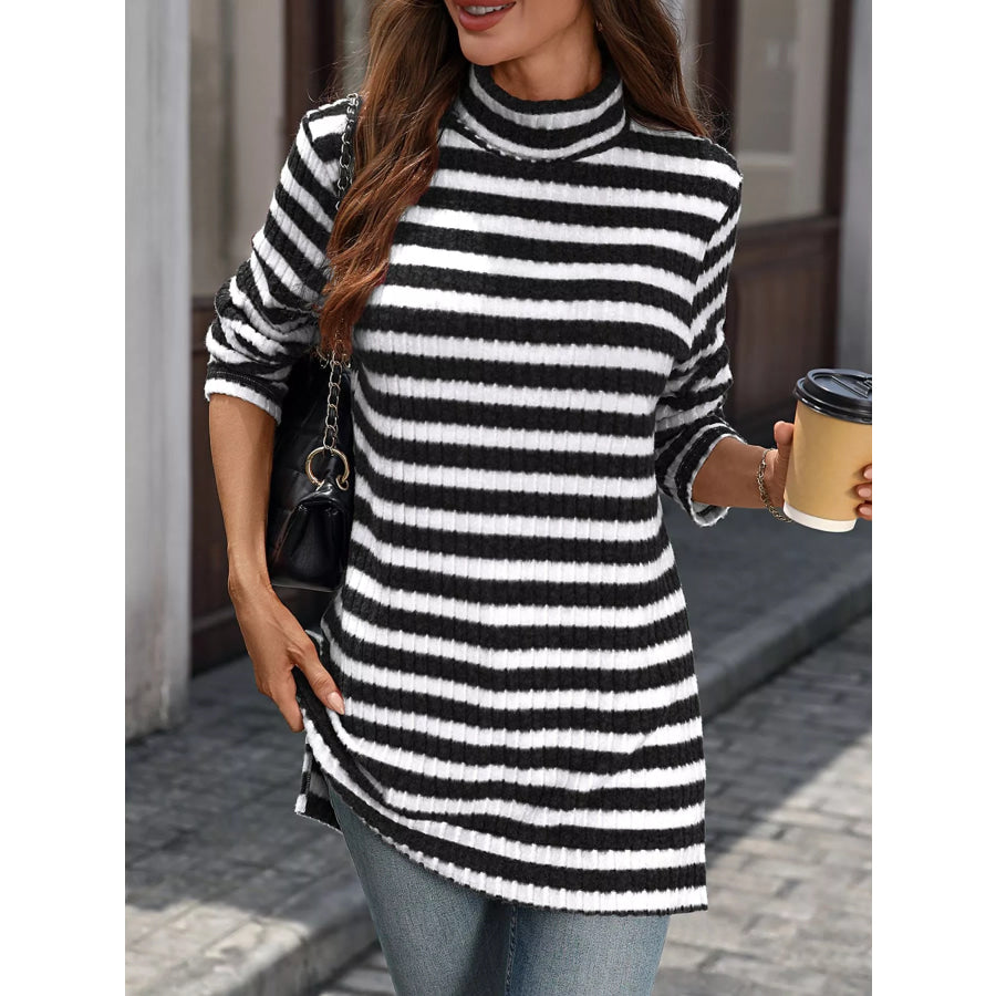 Striped Ribbed Knit Turtleneck Long Sleeve T-Shirt Apparel and Accessories