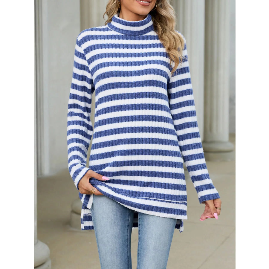 Striped Ribbed Knit Turtleneck Long Sleeve T-Shirt Apparel and Accessories