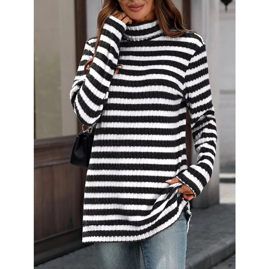 Striped Ribbed Knit Turtleneck Long Sleeve T-Shirt Black / S Apparel and Accessories