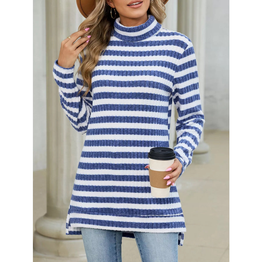 Striped Ribbed Knit Turtleneck Long Sleeve T-Shirt Blue / S Apparel and Accessories