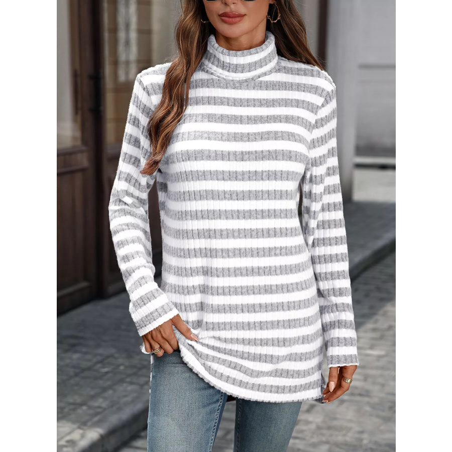 Striped Ribbed Knit Turtleneck Long Sleeve T-Shirt Light Gray / S Apparel and Accessories