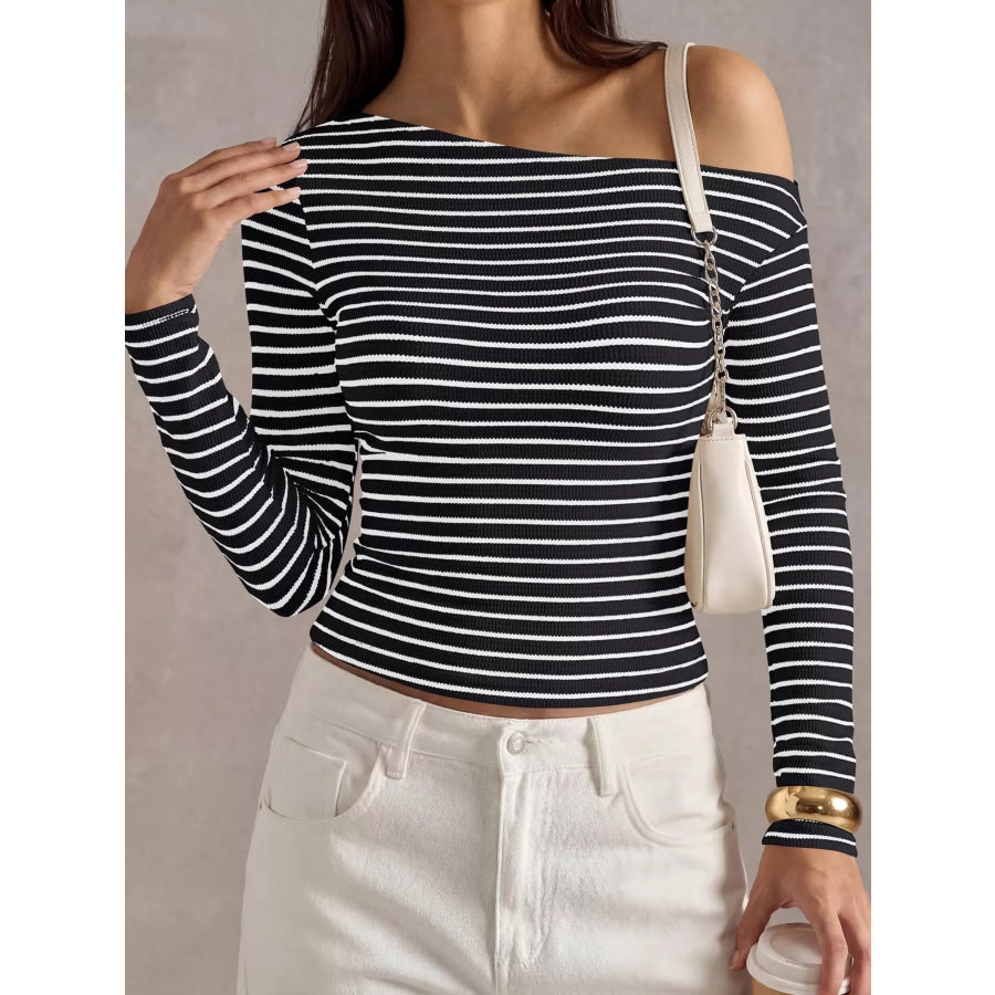 Striped Ribbed Long Sleeve T-Shirt Black / S Apparel and Accessories