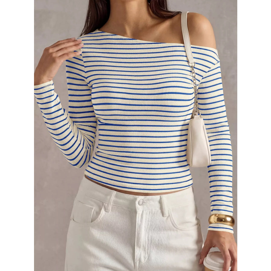 Striped Ribbed Long Sleeve T-Shirt Blue / S Apparel and Accessories