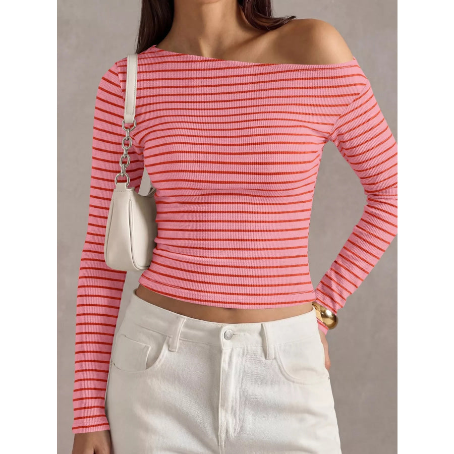 Striped Ribbed Long Sleeve T-Shirt Dark Pink / S Apparel and Accessories