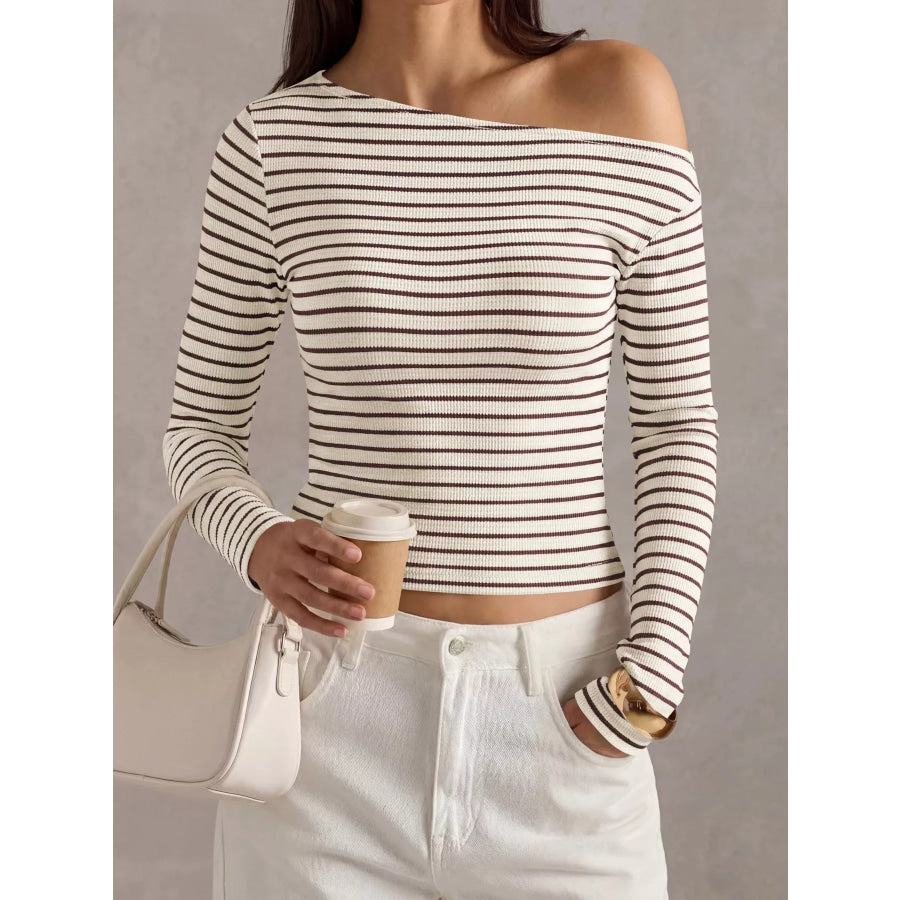 Striped Ribbed Long Sleeve T-Shirt Khaki / S Apparel and Accessories