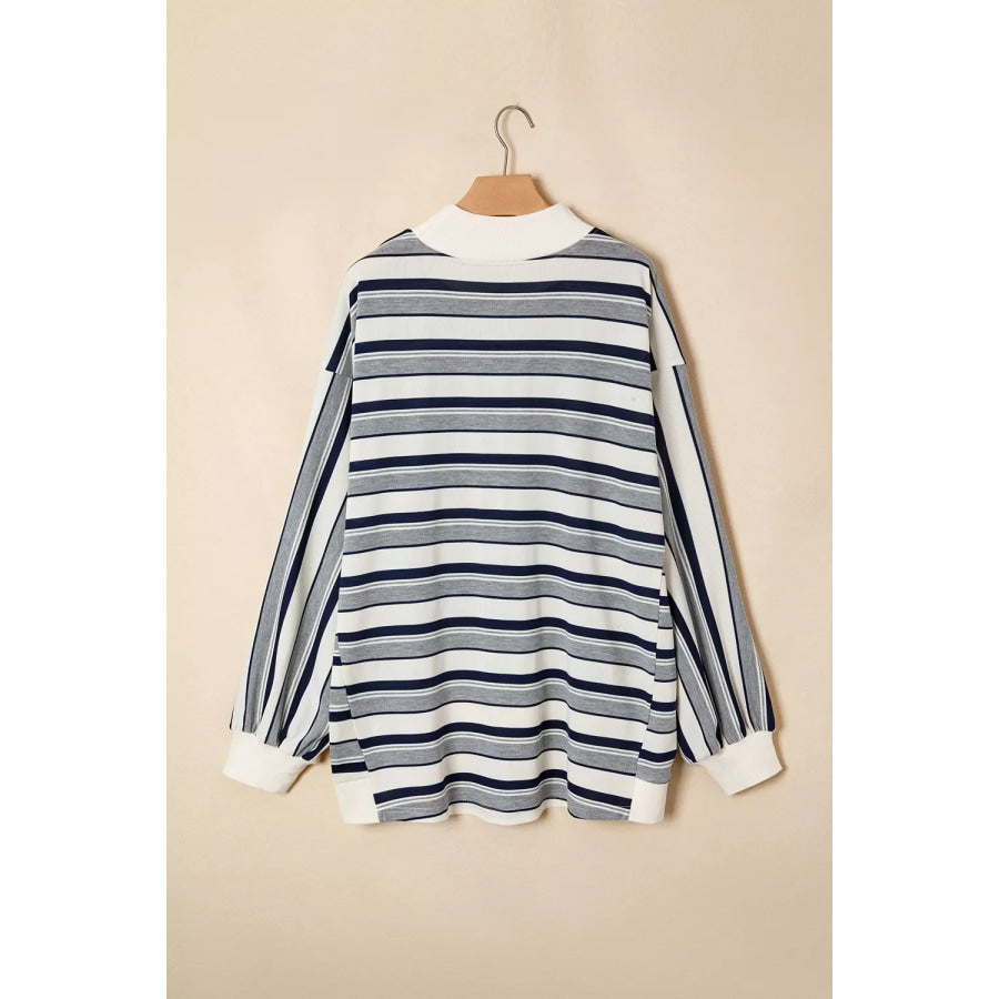 Striped Ribbed Stand Neck Long Sleeve Shift Silhouette Sweatshirt Apparel and Accessories