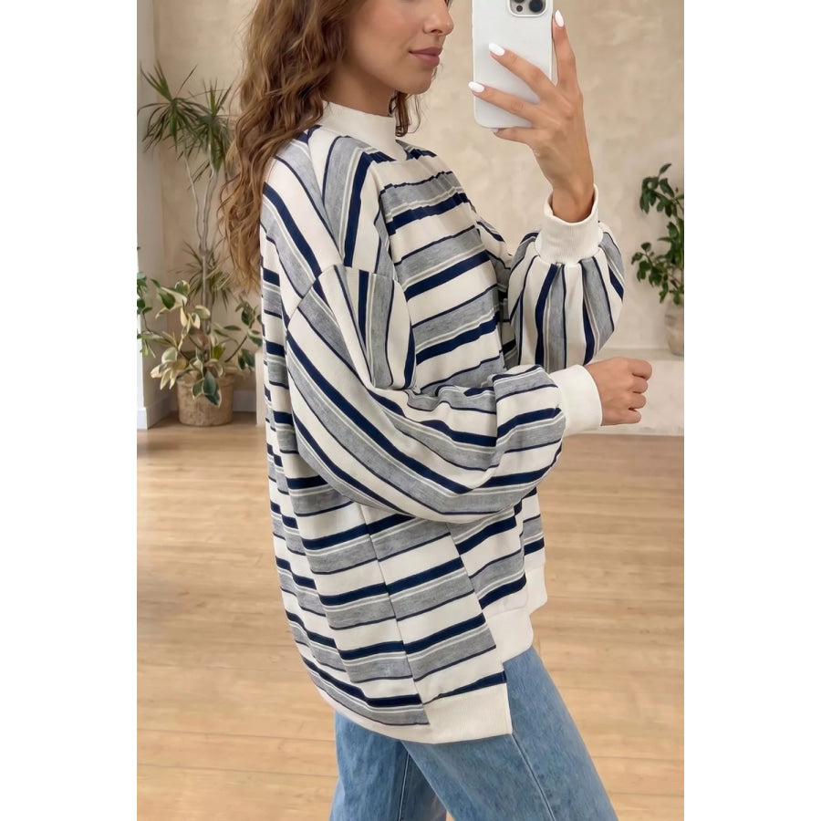 Striped Ribbed Stand Neck Long Sleeve Shift Silhouette Sweatshirt Apparel and Accessories