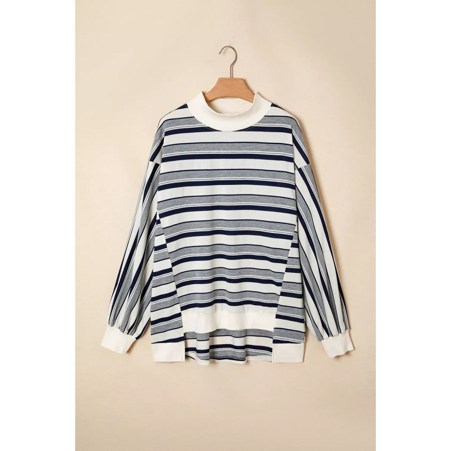 Striped Ribbed Stand Neck Long Sleeve Shift Silhouette Sweatshirt Apparel and Accessories