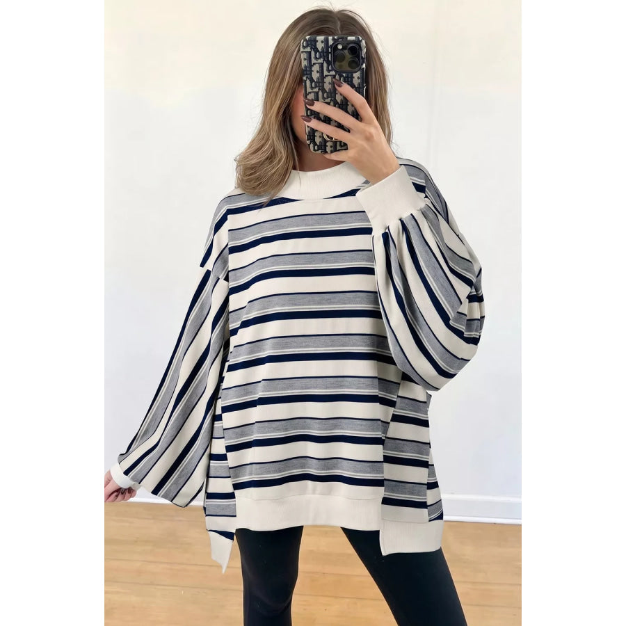 Striped Ribbed Stand Neck Long Sleeve Shift Silhouette Sweatshirt Apparel and Accessories