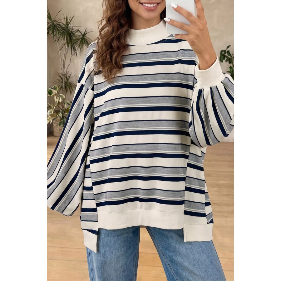 Striped Ribbed Stand Neck Long Sleeve Shift Silhouette Sweatshirt Stripe / S Apparel and Accessories