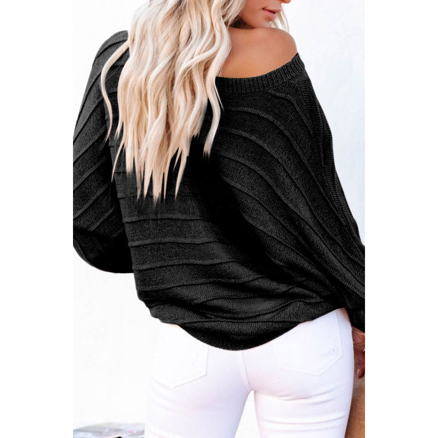 Striped Ribbed Trim Round Neck Sweater Apparel and Accessories