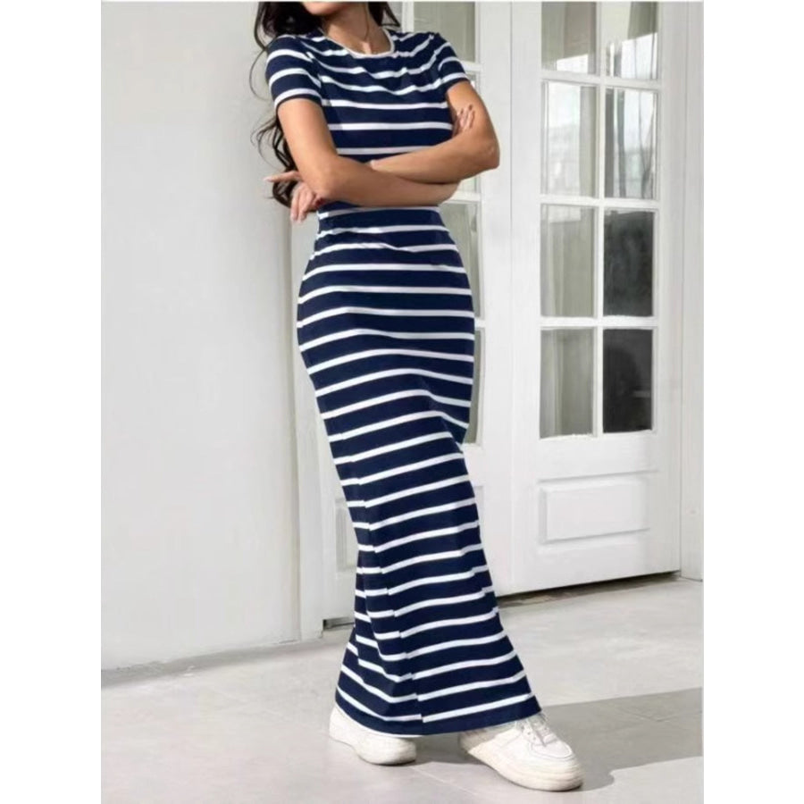 Striped Round Neck Bodycon Maxi Dress Apparel and Accessories