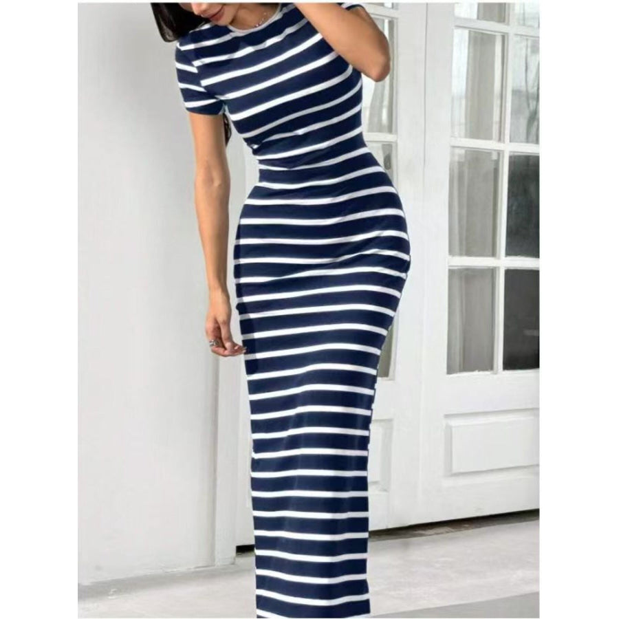 Striped Round Neck Bodycon Maxi Dress Apparel and Accessories