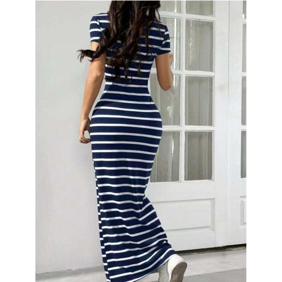 Striped Round Neck Bodycon Maxi Dress Apparel and Accessories