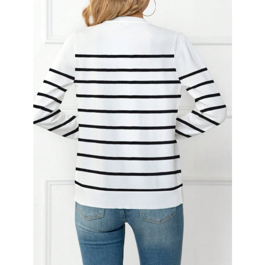 Striped Round Neck Button Up Cardigan White / S Apparel and Accessories