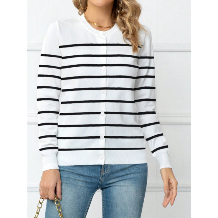 Striped Round Neck Button Up Cardigan Apparel and Accessories