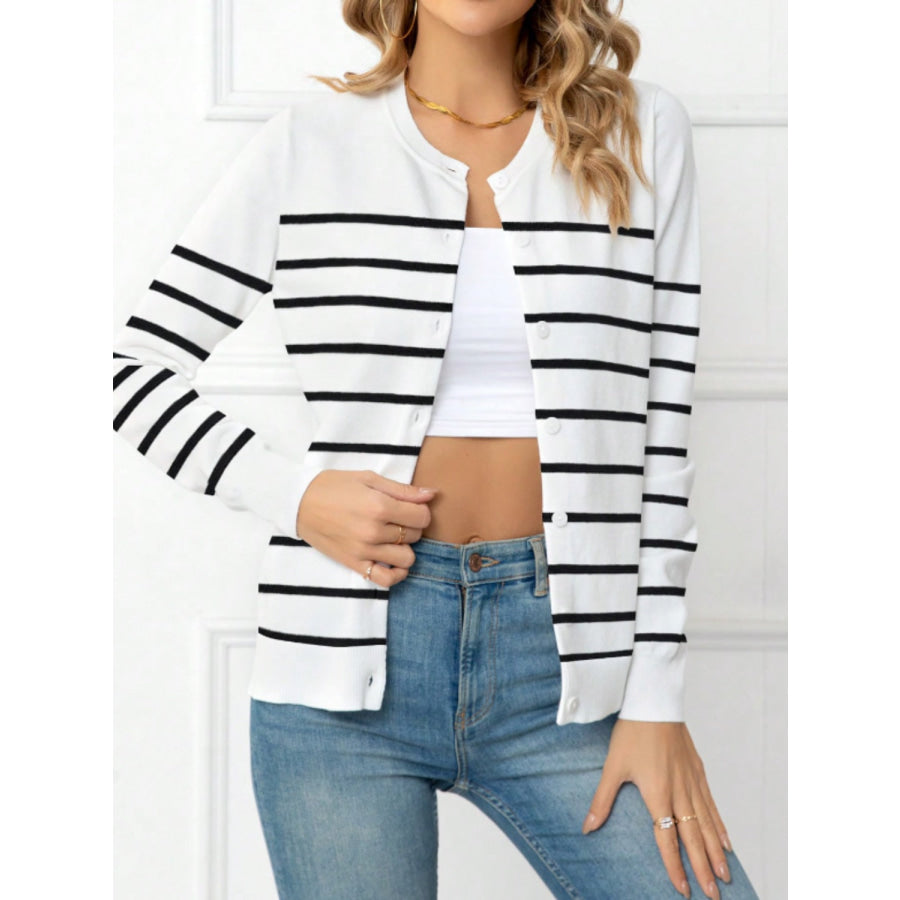 Striped Round Neck Button Up Cardigan White / S Apparel and Accessories