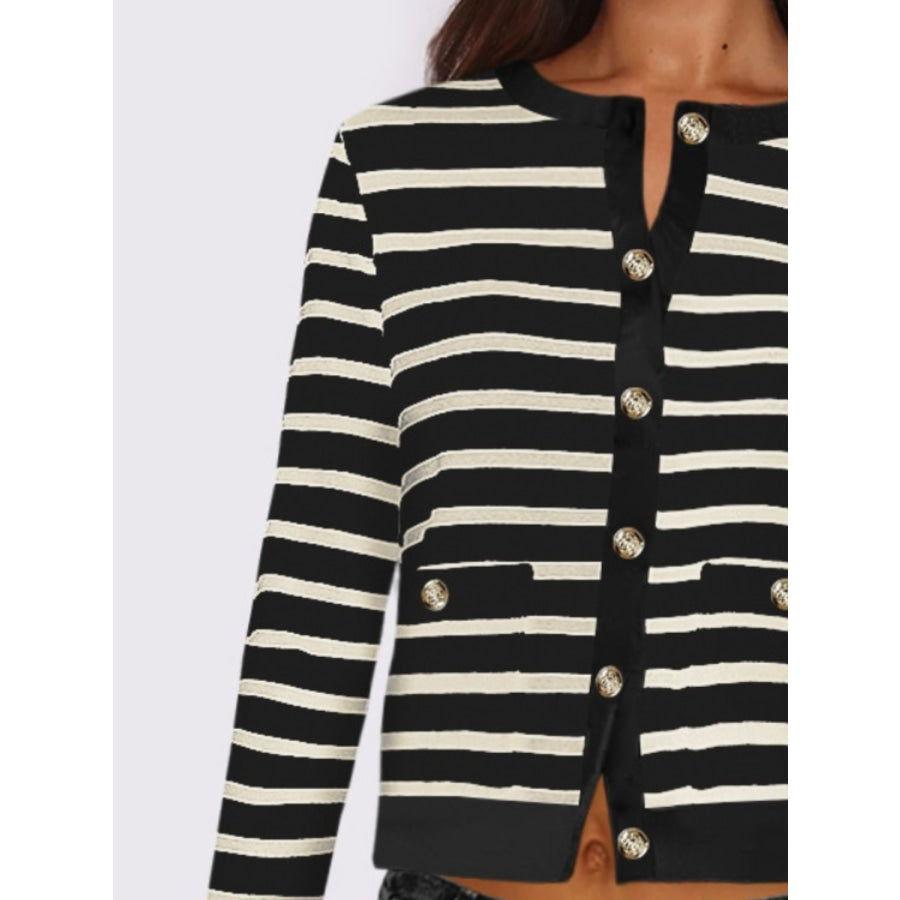 Striped Round Neck Button Up Long Sleeve Cardigan Apparel and Accessories