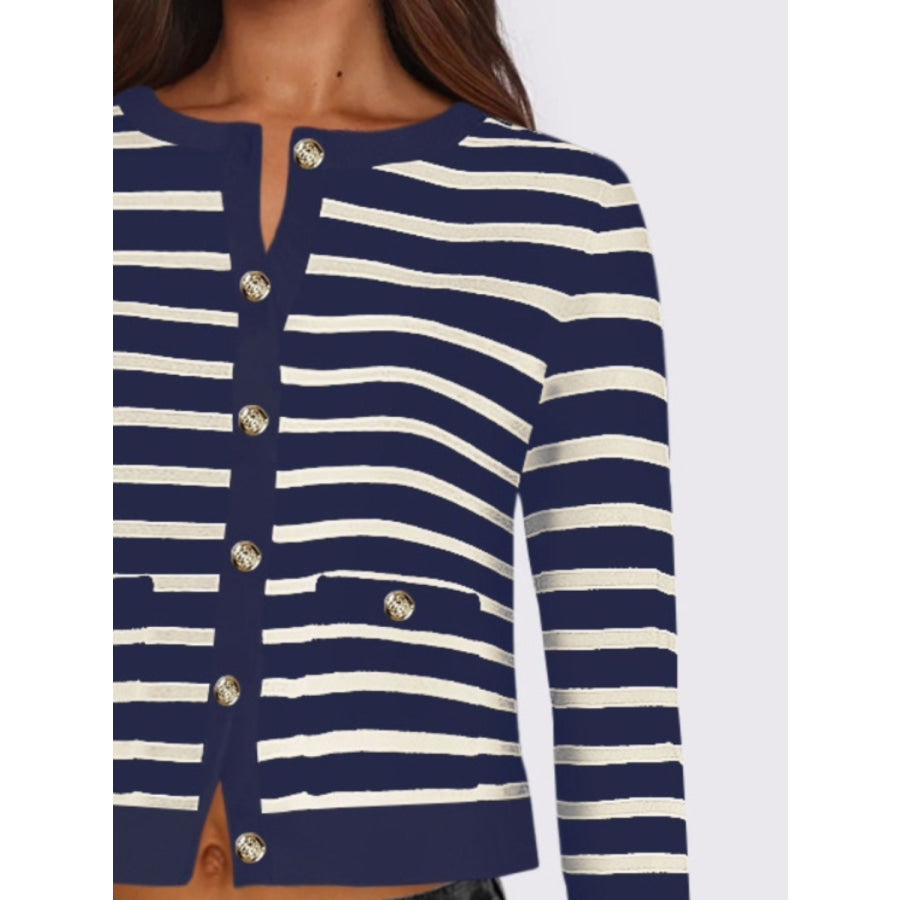 Striped Round Neck Button Up Long Sleeve Cardigan Apparel and Accessories