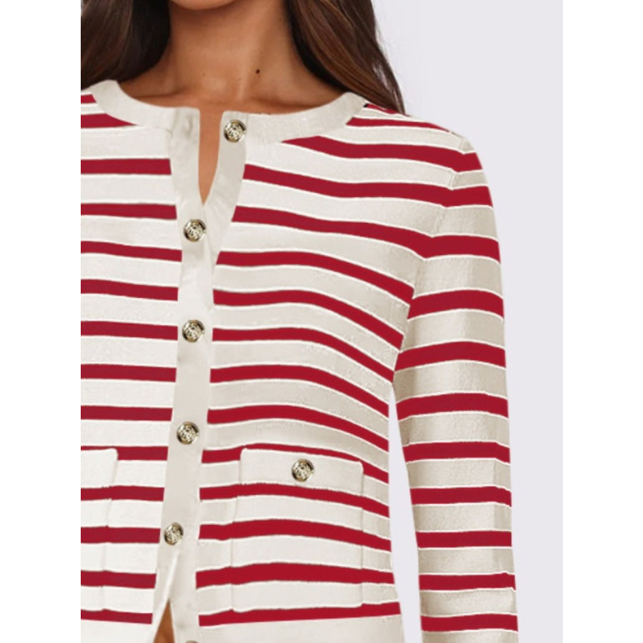 Striped Round Neck Button Up Long Sleeve Cardigan Apparel and Accessories