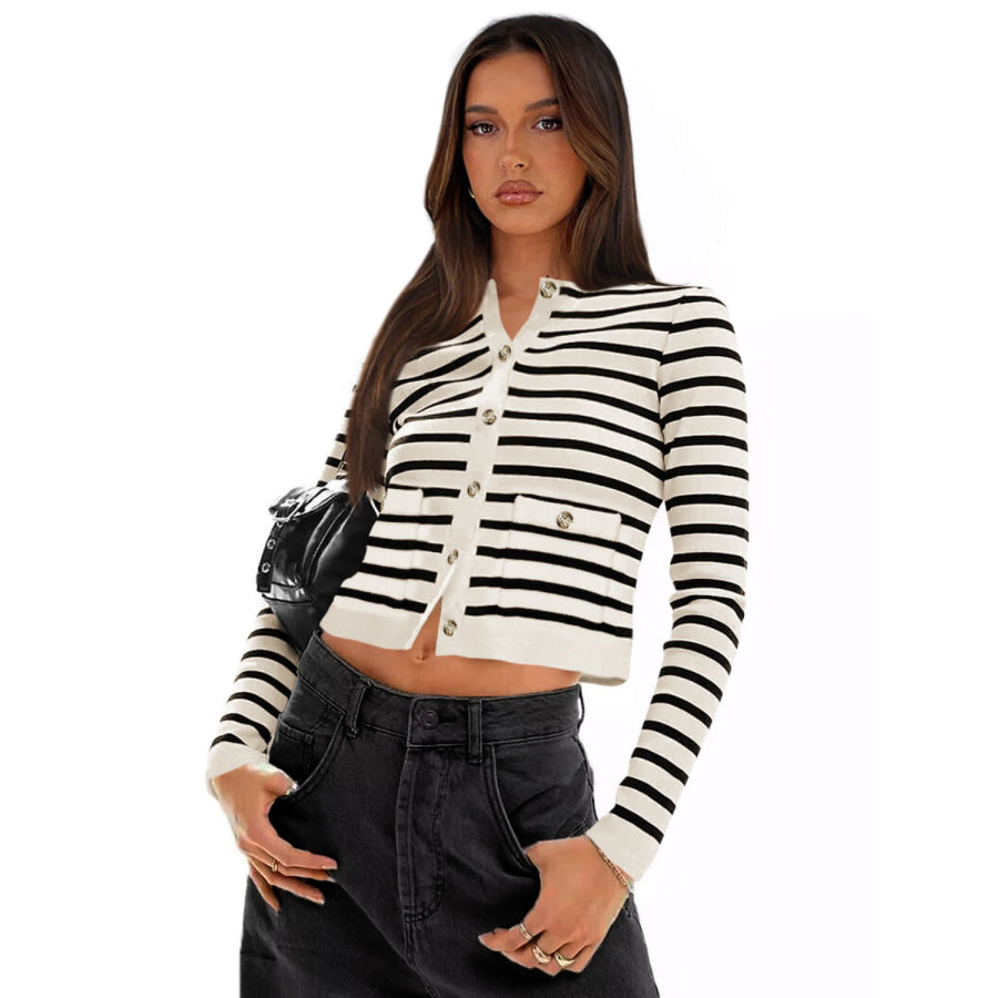 Striped Round Neck Button Up Long Sleeve Cardigan Apparel and Accessories