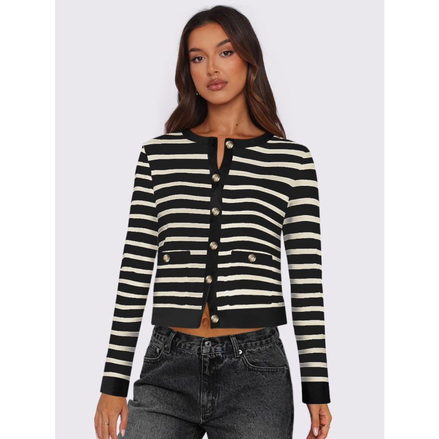 Striped Round Neck Button Up Long Sleeve Cardigan Black / S Apparel and Accessories