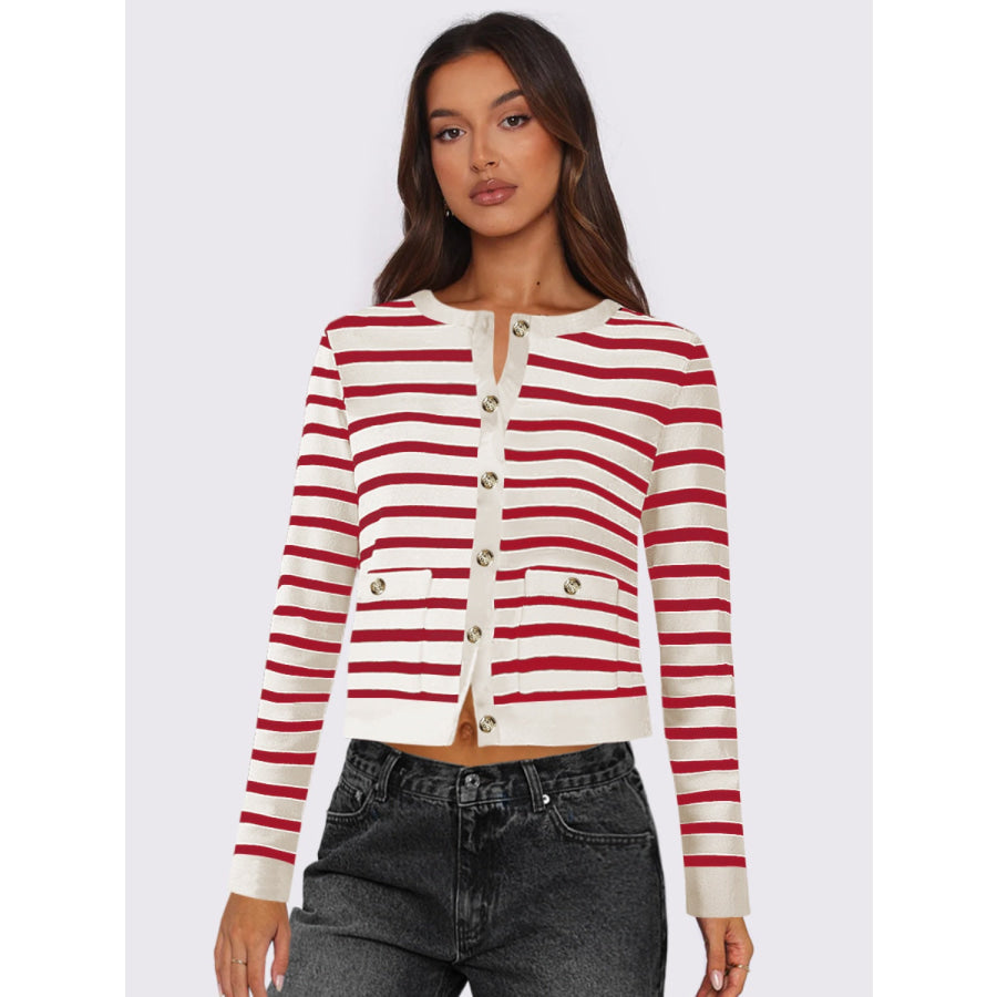 Striped Round Neck Button Up Long Sleeve Cardigan Deep Red / S Apparel and Accessories