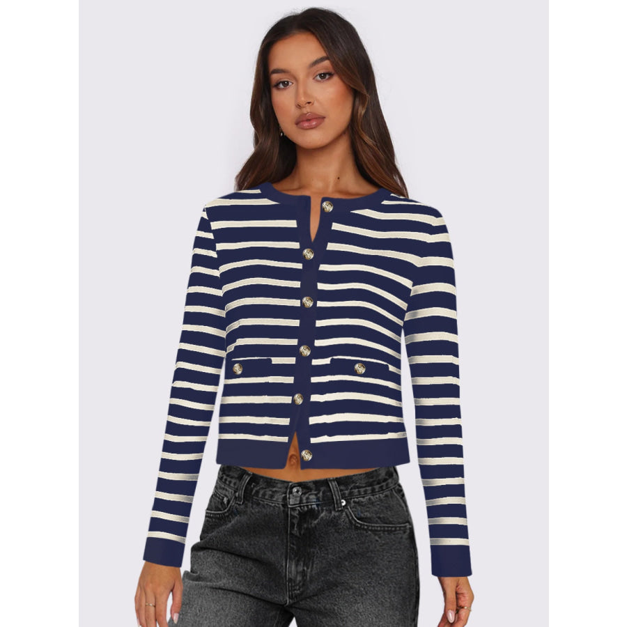 Striped Round Neck Button Up Long Sleeve Cardigan Navy / S Apparel and Accessories