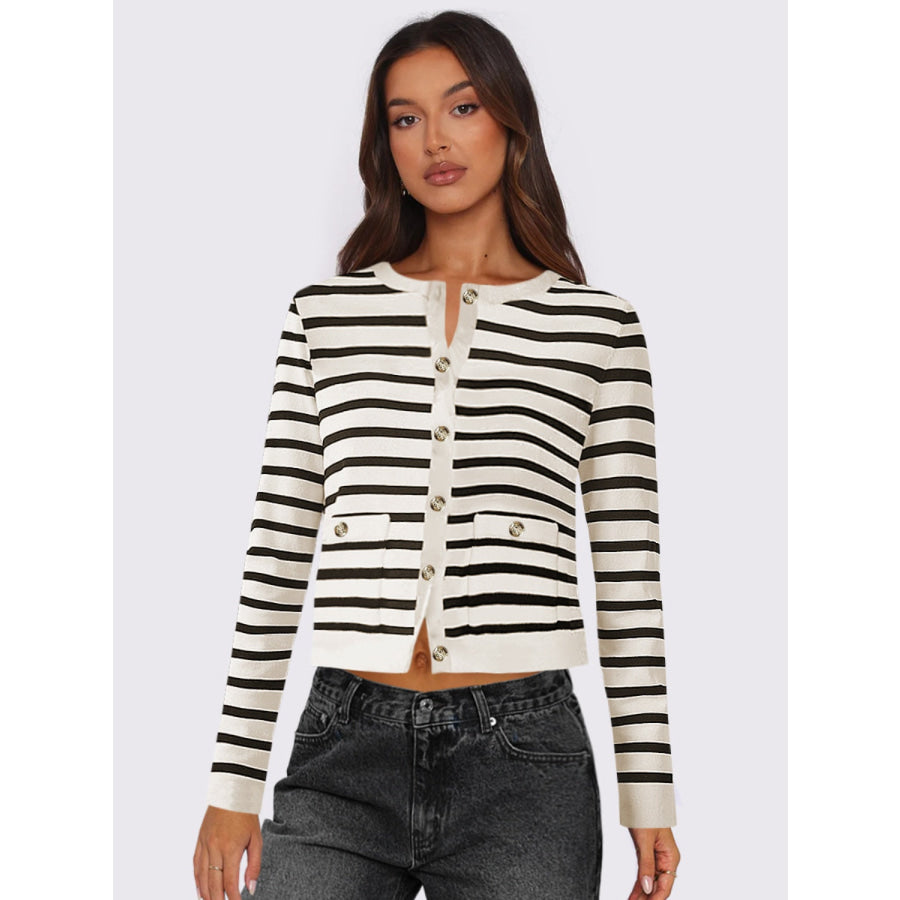 Striped Round Neck Button Up Long Sleeve Cardigan White / S Apparel and Accessories