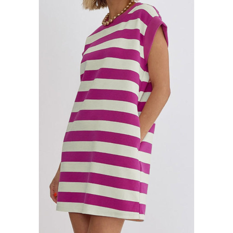 Striped Round Neck Cap Sleeve Dress Apparel and Accessories