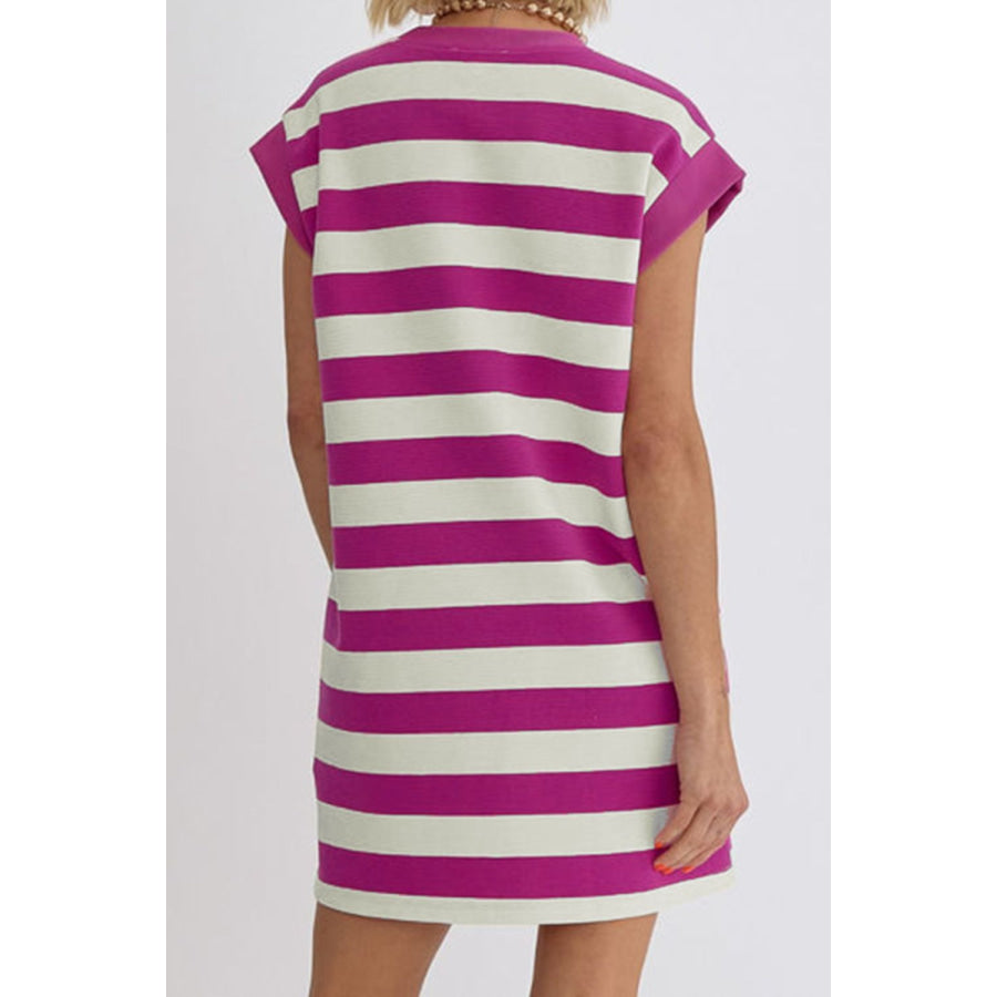 Striped Round Neck Cap Sleeve Dress Apparel and Accessories