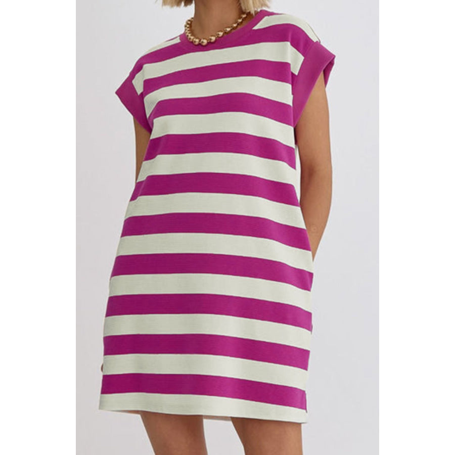 Striped Round Neck Cap Sleeve Dress Magenta / S Apparel and Accessories