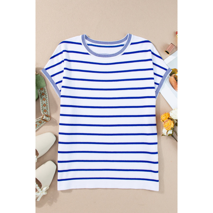 Striped Round Neck Cap Sleeve Knit Top Stripe / S Apparel and Accessories