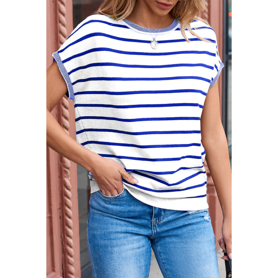 Striped Round Neck Cap Sleeve Knit Top Stripe / S Apparel and Accessories