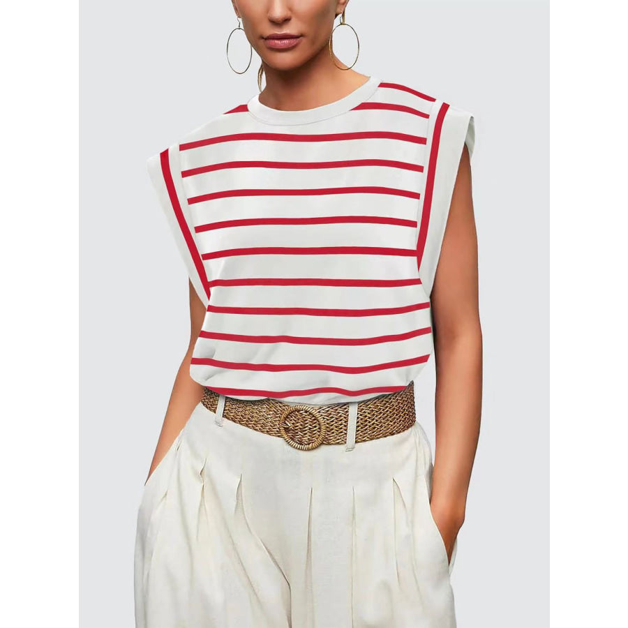 Striped Round Neck Cap Sleeve T - Shirt Apparel and Accessories